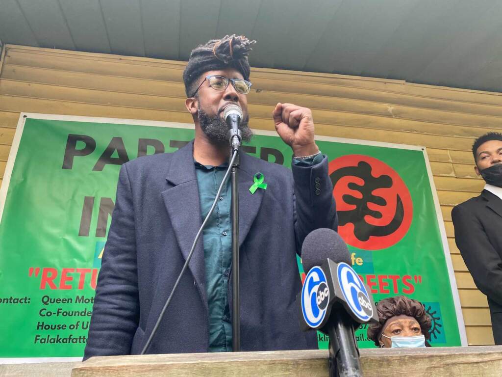Image from iOS (3) Tommy Joshua Kaison speaks at the “Return to Peace in the Streets” press conference. (Tennyson Donyéa/WHYY)