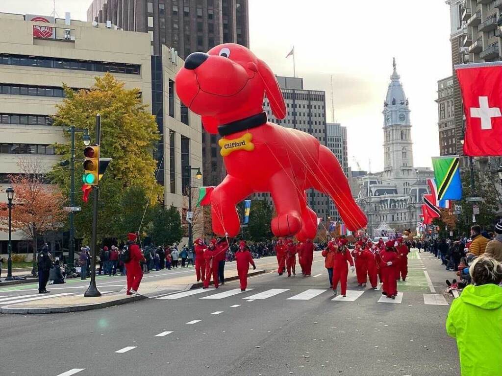 Image from iOS The Thanksgiving Day Parade kicked off with Clifford The Big Red Dog. (Tennyson Donyéa, WHYY)