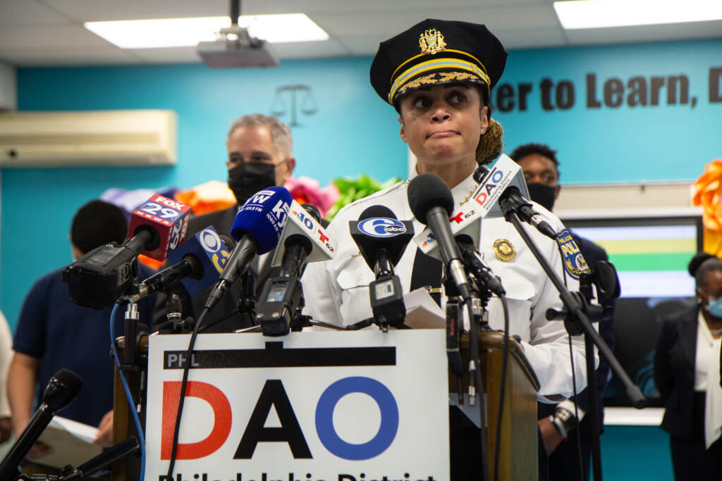 Philadelphia Police Commissioner, Danielle Outlaw speaks from a podium during a press conference