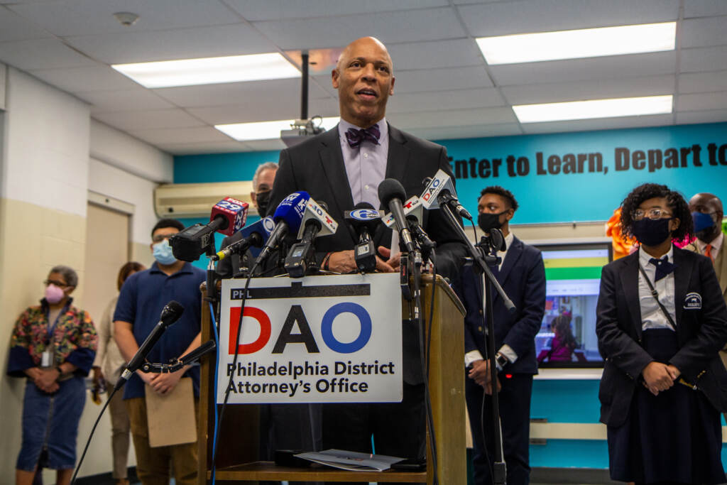 Philadelphia Superintendent William Hite speaks from a podium during a press conference