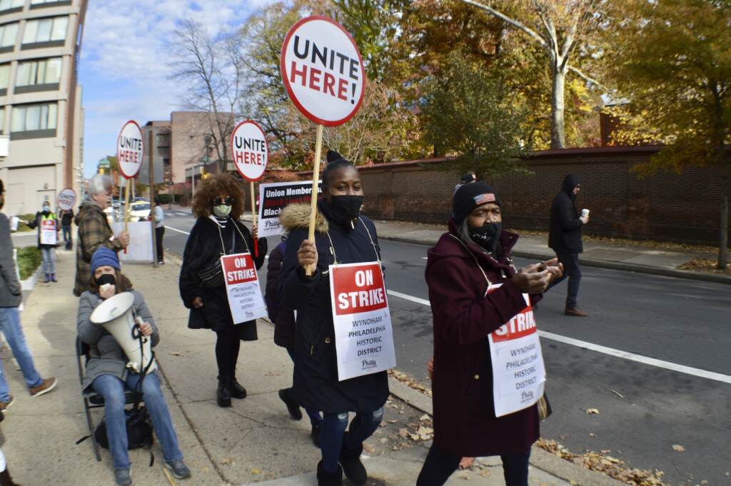 STRIKESGIVING1 Hospitality workers at Wyndham Historic District hotel in Philadelphia on strike on Nov. 21, 2021. (Photo Courtesy UNITE HERE Local 274)
