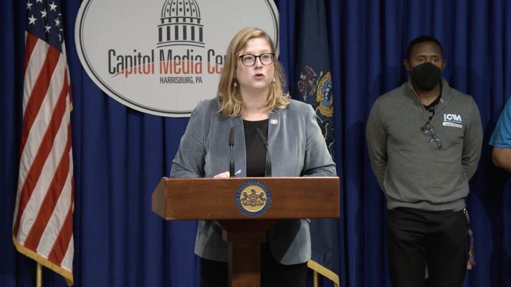State Rep. Leanne Krueger speaks during an Oct. 26 presser outlining the legislation that she co-introduced with State Rep. John Lawrence