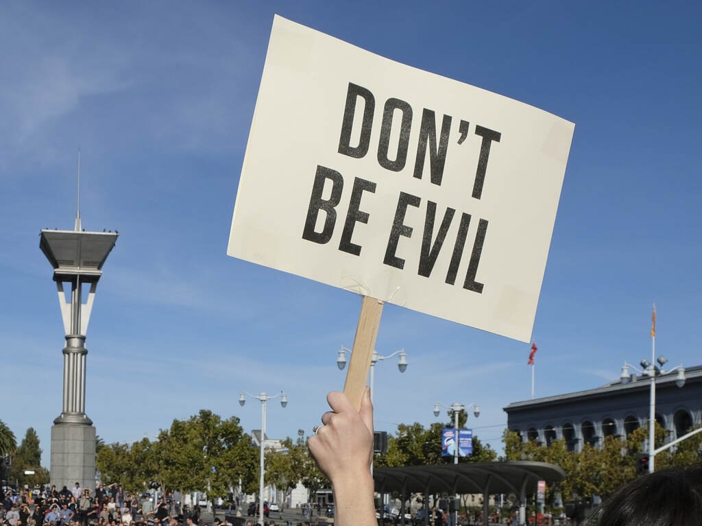 Google employees fill Harry Bridges Plaza in front of the Ferry Building during a walkout Thursday, Nov. 1, 2018, in San Francisco. Google employees fill Harry Bridges Plaza in front of the Ferry Building during a walkout Thursday, Nov. 1, 2018, in San Francisco. Carrying signs with messages such as