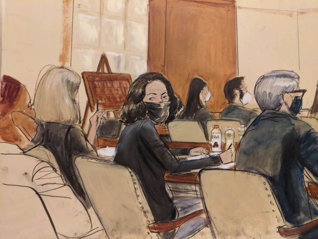 In this courtroom sketch, Ghislaine Maxwell looks over her shoulder to the courtroom audience