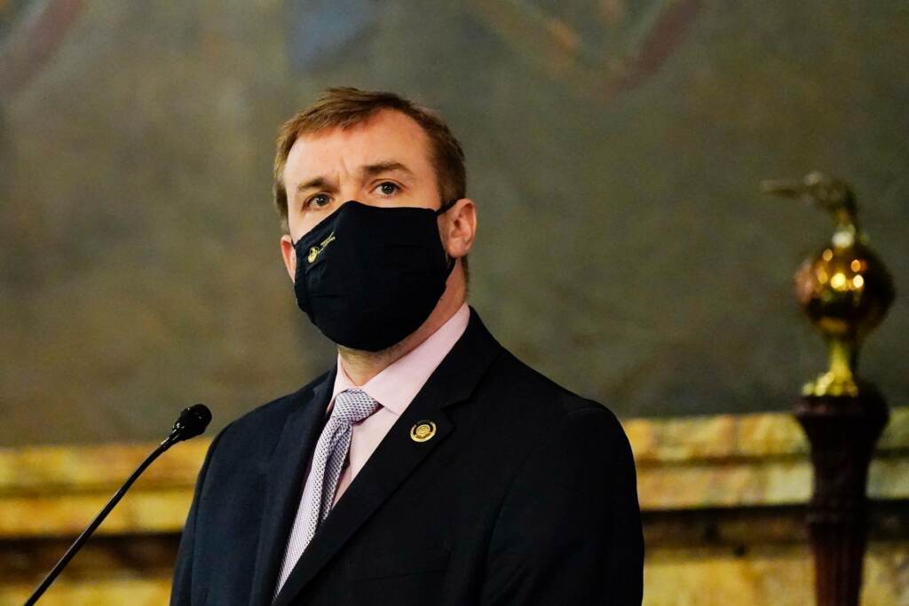 bryan-cutler-PA-SPA-110921 House Speaker Bryan Cutler is seen wearing a face mask