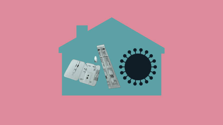 An illustration of a home, with a COVID-19 test and illustration of the virus itself inside
