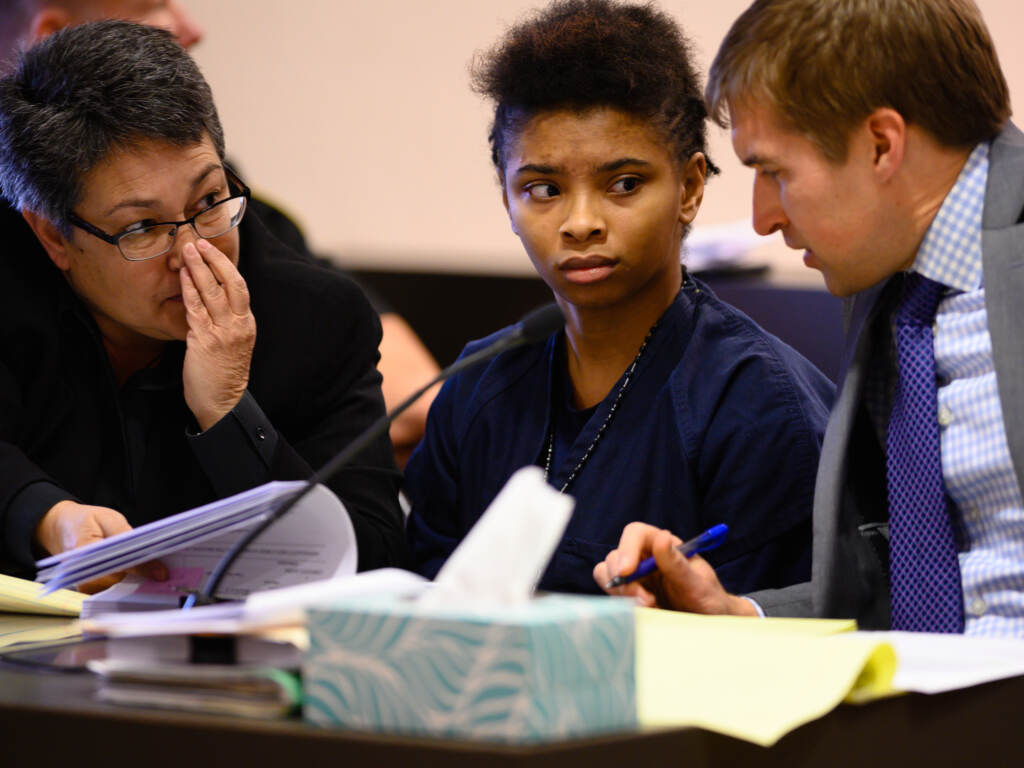 Chrystul Kizer (shown here with her lawyers in 2019) is arguing that it was self-defense when she killed the man who sexually abused her. Chrystul Kizer (shown here with her lawyers in 2019) is arguing that it was self-defense when she killed the man who sexually abused her. (The Washington Post via Getty Images)