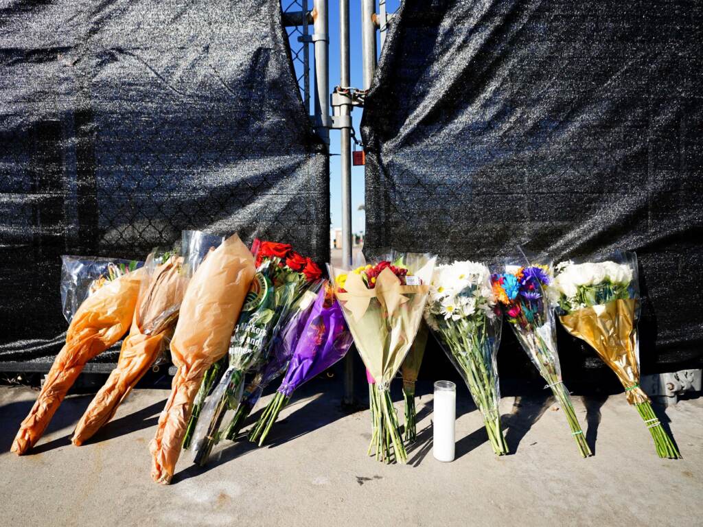 Flowers s are seen outside of the canceled Astroworld festival at NRG Park on November 6, 2021 in Houston, Texas. According to authorities, eight people died and 17 people were transported to local hospitals after what they describe as a crowd surge at the Astroworld festival, a music festival started by Houston-native rapper and musician Travis Scott in 2018. (Photo by Alex Bierens de Haan/Getty Images)