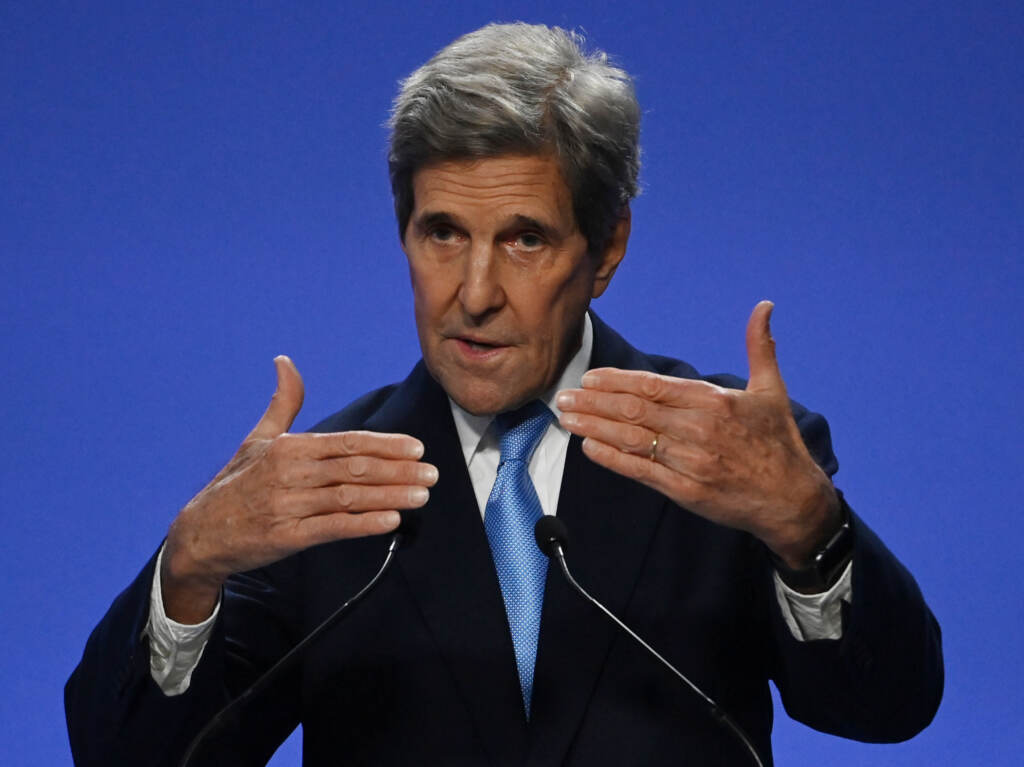 US special climate envoy, John Kerry, speaks during a joint China and US statement on a declaration enhancing climate action at the COP26 summit. GLASGOW, SCOTLAND - NOVEMBER 10: US special climate envoy, John Kerry speaks during a joint China and US statement on a declaration enhancing climate action in the 2020's on day eleven of the COP26 climate change conference at the SEC on November 10, 2021 in Glasgow, Scotland. Day eleven of the 2021 climate summit in Glasgow will focus on driving the global transition to zero-emission transport. This is the 26th