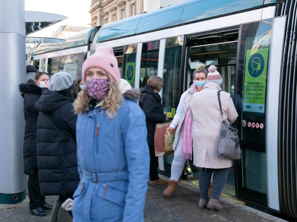 Coronavirus – Mon Nov 29, 2021 People step off a tram in Nottingham
