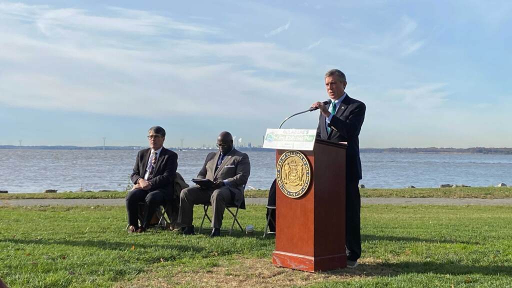 gov-carney-delaware-climate-eichmann-110421 Gov. Carney speaking at a podium.