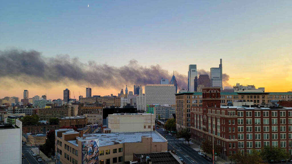 junkyardfire-southwestskyline A tire fire in Southwest Philadelphia sends plumes of smoke across the city.
