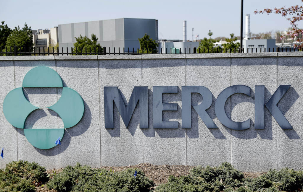 Virus Outbreak Britain Merck Pill The Merck logo is seen outside its New Jersey headquarters