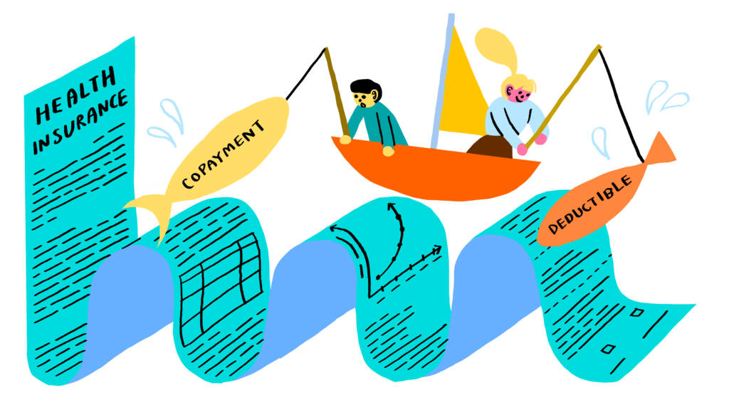 A long document labeled “health insurance” turns into waves as the document stretches across the screen. Two people in a small boat ride the “waves” of the document, fishing for the jargon like “deductible” and “copayment.” Subin Yang for NPR
