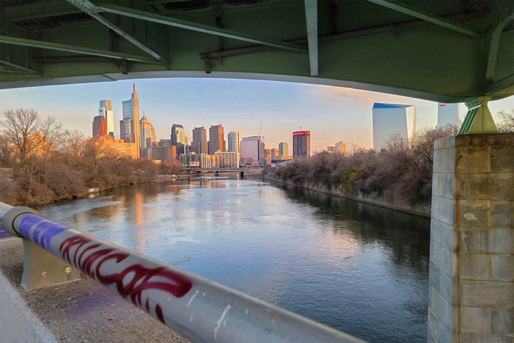 phillyskyline-bridge-river-1 The Philadelphia skyline is seen from a bridge.