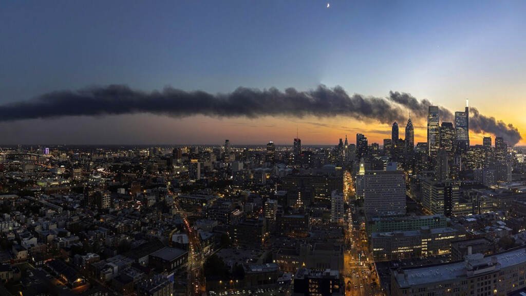 phillyskyline-firesmoke Plumes of smoke are seen stretching from Southwest Philly to South Jersey