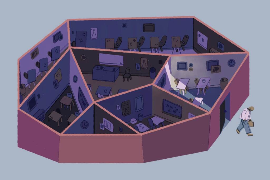 A teacher leaves an empty school building. An illustration of a teacher leaving an empty school building.