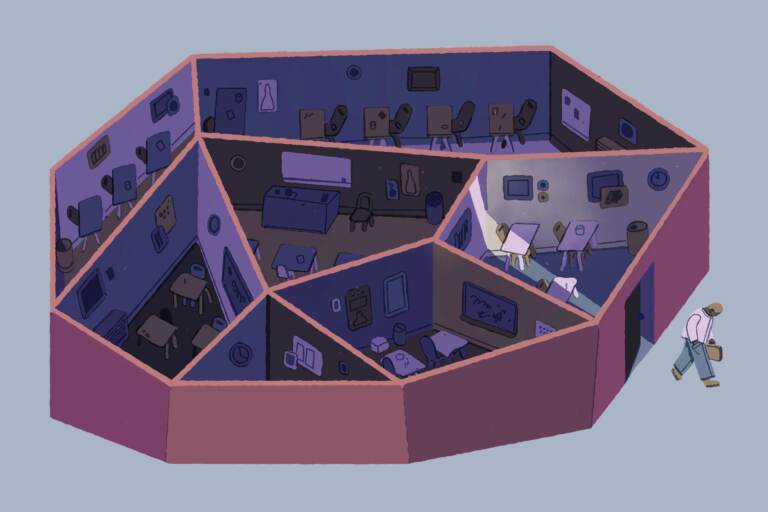 An illustration of a teacher leaving an empty school building.