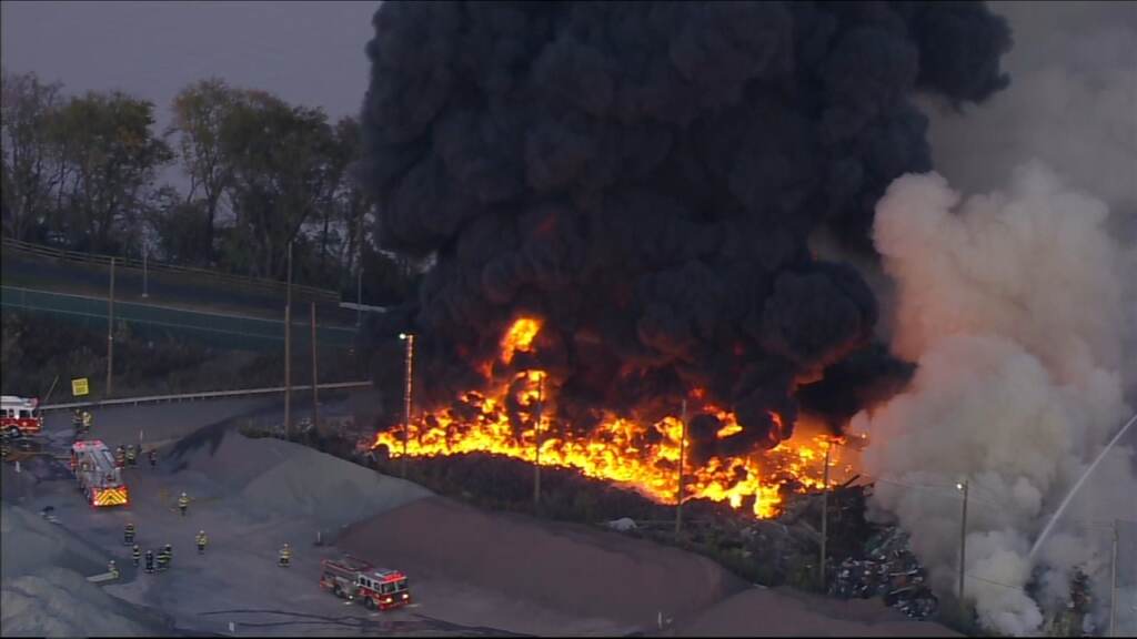 sw-philly-junkyard-fire-wpvi-111021 Black smoke is visible above a junkyard fire