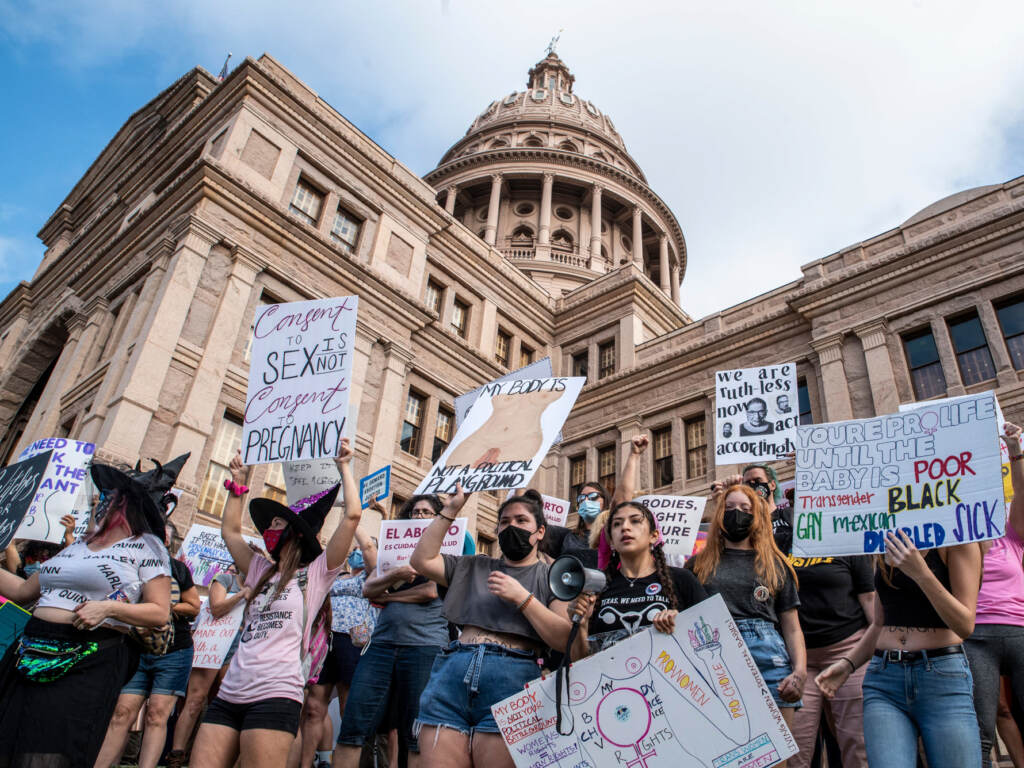 Protesters take part in the Women’s March and Rally for Abortion Justice in Austin, Texas, on Oct. 2. The demonstration targeted Senate Bill 8, a state law that bans nearly all abortions as early as six weeks in a pregnancy, making no exceptions for survivors of rape or incest. Protesters take part in the Women's March and Rally for Abortion Justice at the State Capitol in Austin, Texas, on October 2, 2021. - The abortion rights battle took to the streets across the US, with hundreds of demonstrations planned as part of a new