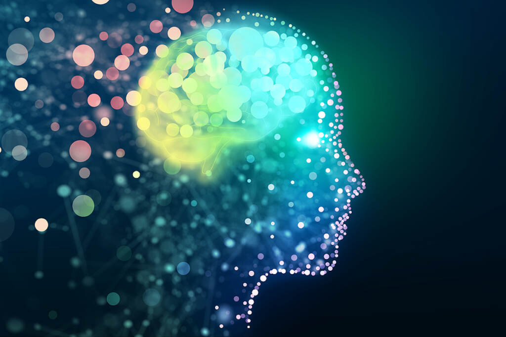 Human Head With A Luminous Brain Network. Digital Brain, Analysis Information, Cyber Mind, Deep And A human head shaped by colorful pixels of light