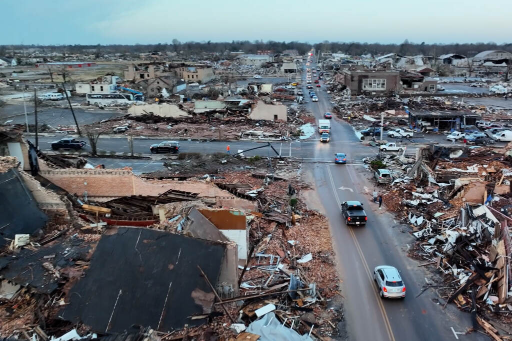 Aftermath of tornado in Mayfield, Kentucky Aftermath of tornado in Mayfield, Kentucky. (Brandon Clement/WXChasing YouTube)