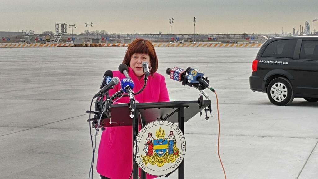 Chellie Cameron, Philadelphia International Airport CEO, talks about improvements at new cargo plane parking area Chellie Cameron speaks at the Philadelphia International Airport