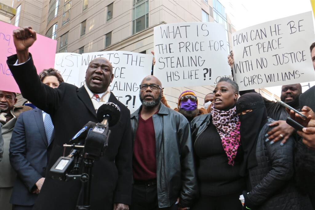 2021 12 01-e lee-ben crump chris williams dawn johnson sherrie bradley-philadelphia criminal justice center-murder exoneration lawsuit Chris Williams is accompanied by his attorney and supporters at a press confernece