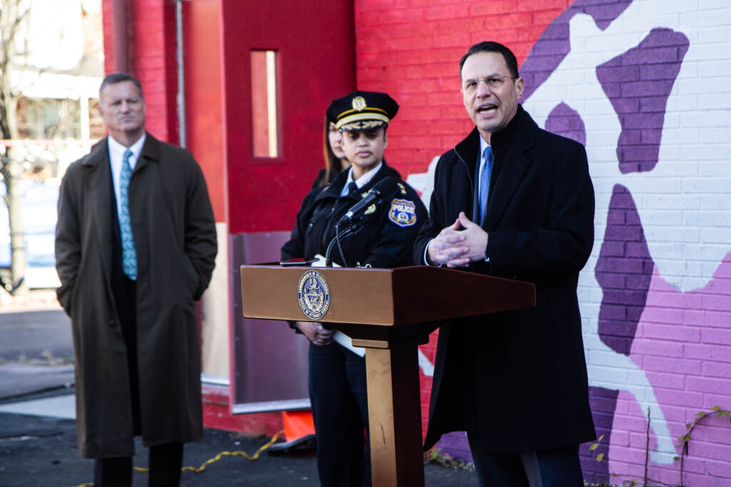 2021 12 14 ag shapiro with commisioner outlaw christy rec-1 Pennsylvania AG Josh Shapiro joined Philadelphia Police Commissioner Danielle Outlaw to announce a decrease in shootings in the 18th and 19th police districts over the last six months at Christy Recreational Center in Southwest Philadelphia on December 14, 2021. (Kimberly Paynter/WHYY)
