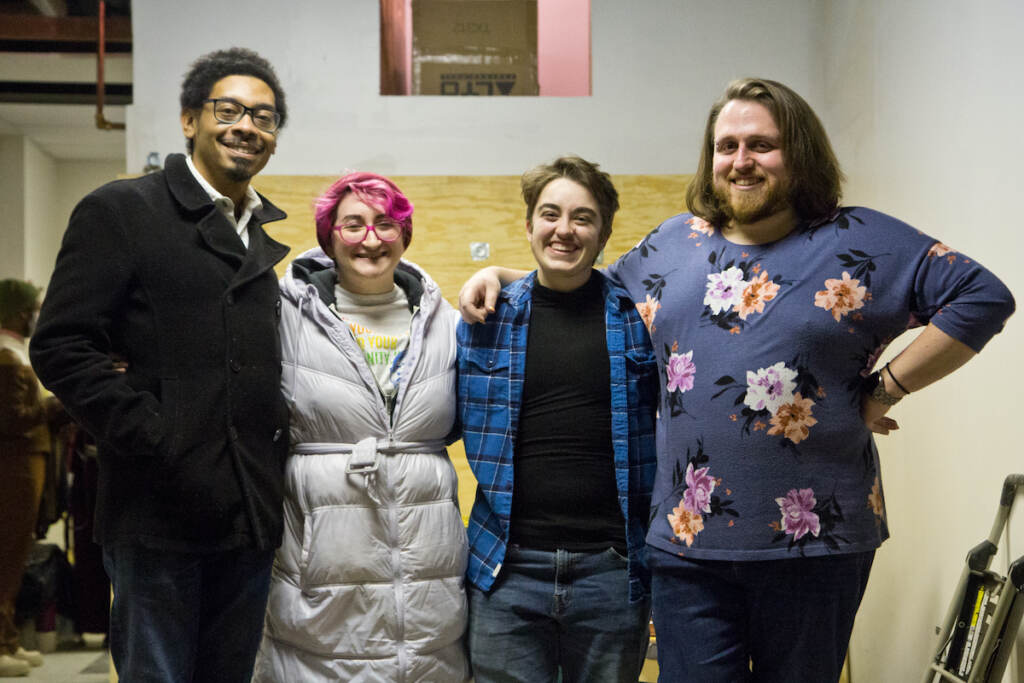 (From left) Writer Quinton Alexander, Painted Mug board member Taylor Plunckett-Clements, writer/director CJ Higgins and Painted Mug board member and building owner, Vinni, “Beary Tyler Moore” at the Painted Mug, a queer cafe in progress, on the 1500 of Jackson Street in South Philadelphia. (Kimberly Paynter/WHYY)