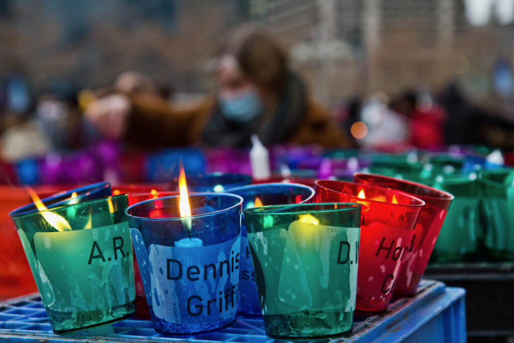 Over 300 votives bore the names of people who experienced homelessness, lost in 2021 at Homeless Memorial Day at Thomas Paine Plaza in Philadelphia on Dec. 21, 2021