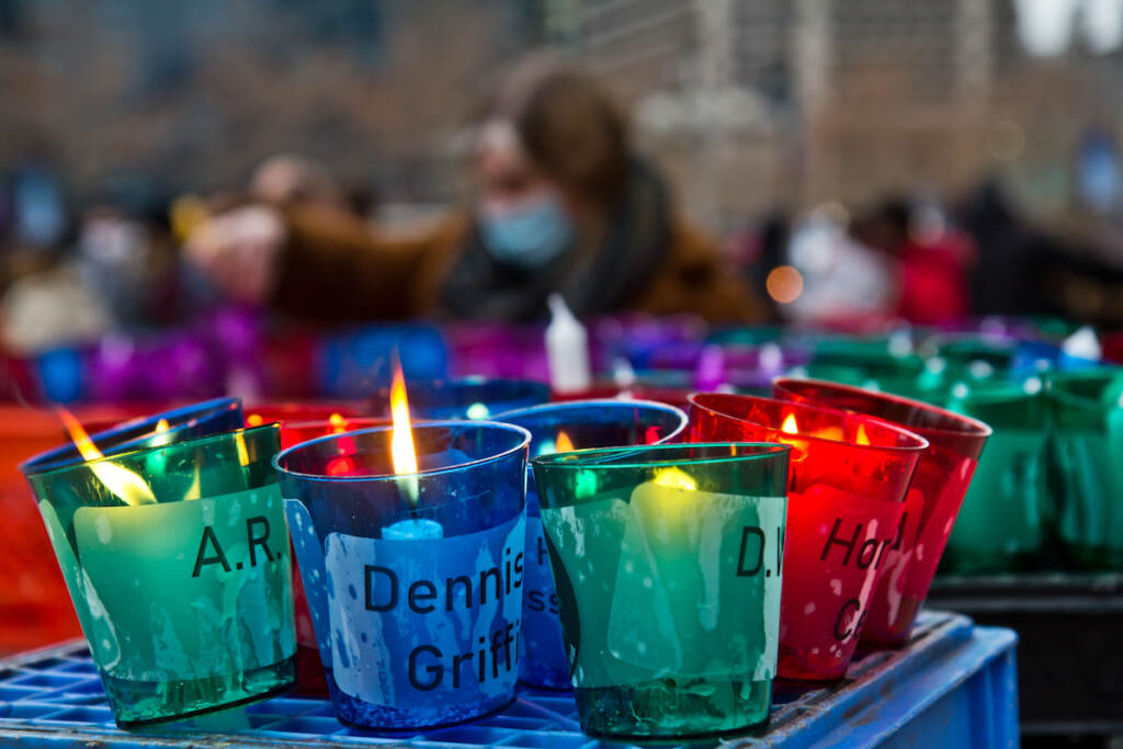 2021 12 21 k paynter homeless memorial day 2021-9 Over 300 votives bore the names of people who experienced homlessness, lost in 2021 at Homeless Memorial Day at Thomas Paine Plaza in Philadelphia on Dec. 21, 2021