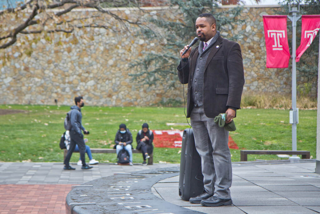 Pa. state Sen. Sharif Street speaks to a crowd at an anti-violence rally