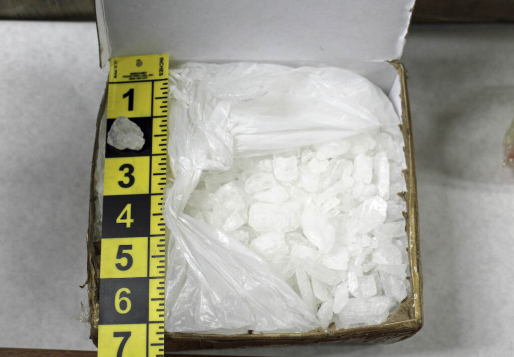 This photo provided by the Cannon River Drug and Violent Task Force shows a box containing methamphetamine. (Cannon River Drug and Violent Task Force via AP)