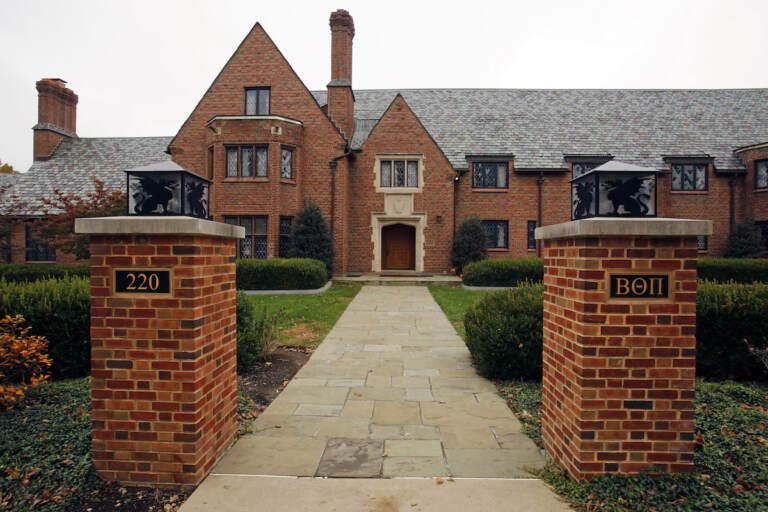 This file photo from Nov. 9, 2017 shows the Beta Theta Pi fraternity house on the Penn State University main campus in State College, Pa. The former house manager of a now-defunct Penn State fraternity where a pledge fell during a night of hazing and drinking and later died has been placed on two years' probation on a hindering apprehension conviction. Braxton Becker, 23, of Niskayuna, N.Y., was also ordered to pay a $5,000 fine and do 100 hours of community service on the conviction stemming from the Feb. 2017 death of 19-year-old Timothy Piazza of Lebanon, N.J.