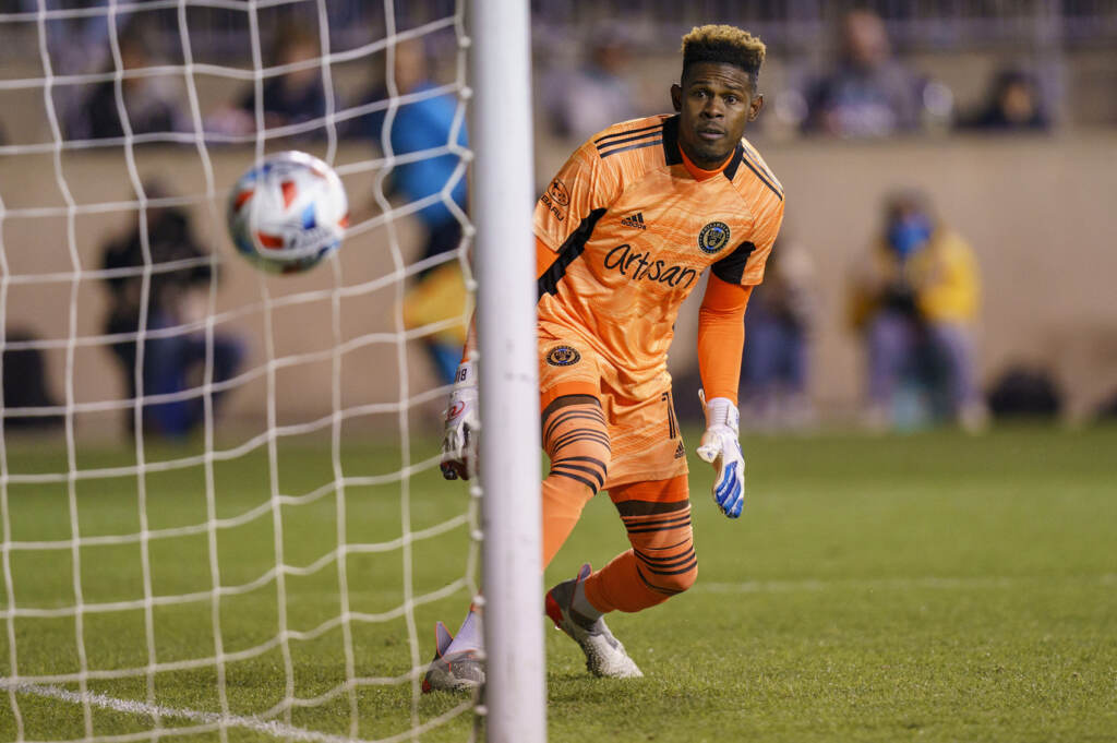 MLS Nashville Union Soccer Philadelphia Union's Andre Blake watches as the show by Nashville SC's Hany Mukhtar goes in for a goal during the first half of an MLS playoff soccer match, Sunday, Nov. 28, 2021, in Chester, Pa. (AP Photo/Chris Szagola)