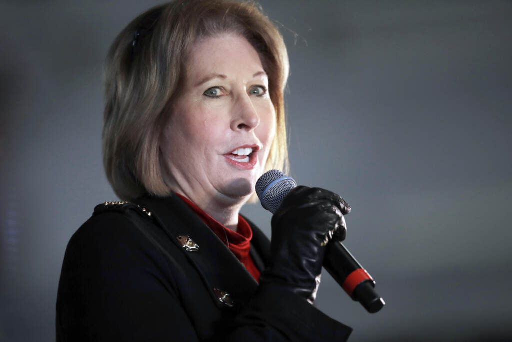 Election 2020-Trump Lawyers Attorney Sidney Powell, a member of President Donald Trump's legal team, speaks during a rally on Wednesday, Dec. 2, 2020, in Alpharetta, Ga. Florida's Democratic agriculture commissioner, whose office polices charities, alleged Friday, June 18, 2021, that a group run by Powell, one of former President Donald Trump's most prominent election conspiracy adherents, is illegally seeking donations in the state. Agriculture Commissioner Nikki Fried said her office has filed an administrative complaint against Powell's Defending the Republic group demanding that it obey state law or cease Florida operations