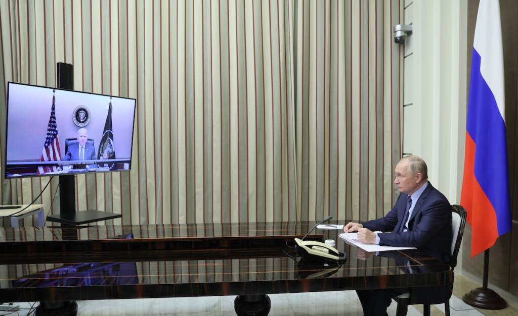 APTOPIX Russia US Russian President Vladimir Putin is shown during his talks with U.S. President Joe Biden via videoconference in the Bocharov Ruchei residence in the Black Sea resort of Sochi, Russia, Tuesday, Dec. 7, 2021. The video call between U.S. President Joe Biden and Russian President Vladimir Putin, during which the two leaders are expected to discuss tensions over Ukraine