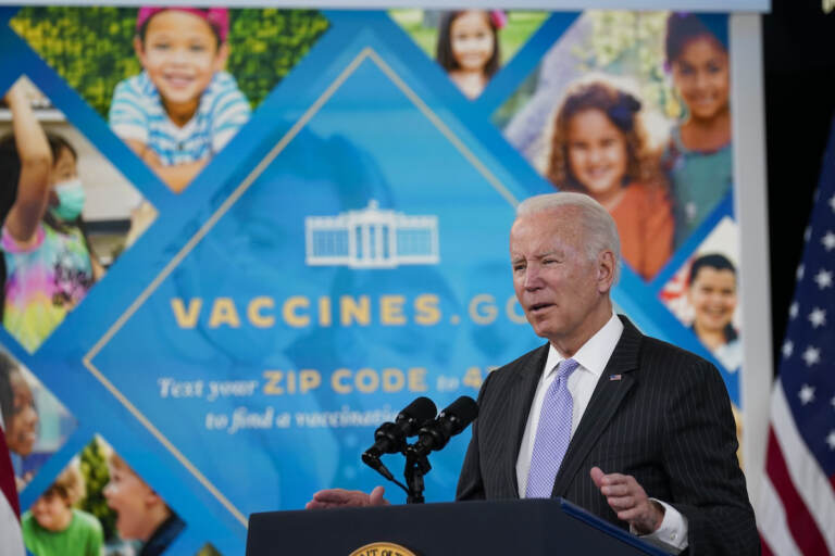 File photo: President Joe Biden talks about the newly approved COVID-19 vaccine for children ages 5-11 from the South Court Auditorium on the White House complex in Washington, Wednesday, Nov. 3, 2021. A federal judge has blocked President Joe Biden’s administration from enforcing a COVID-19 vaccine mandate for employees of federal contractors, the latest in a string of victories for Republican-led states pushing back against Biden’s pandemic policies