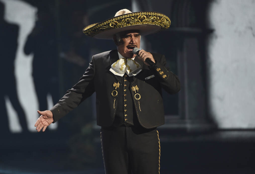 Vicente Fernandez performs at the 20th Latin Grammy Awards on Nov. 14, 2019, in Las Vegas. The Mexican singer died early Sunday, Dec. 12, 2021, relatives reported. He was 81 years old. (AP Photo/Chris Pizzello, File)