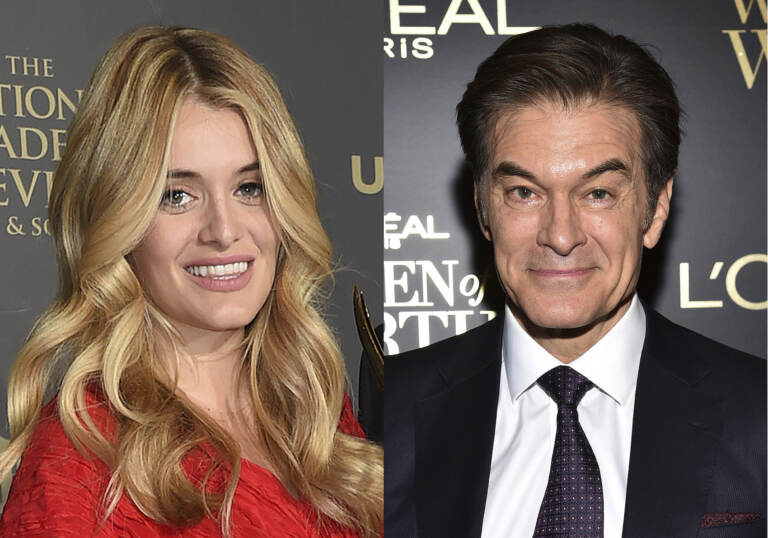This combination of photos shows Daphne Oz at the 44th annual Daytime Emmy Awards in Pasadena, Calif., on  April 30, 2017, left, and Dr. Mehmet Oz appears at the 14th annual L'Oreal Paris Women of Worth Gala in New York on Dec. 4, 2019. Dr. Oz, the cardiac surgeon and U.S. Senate candidate, will end his syndicated talk show next month, and producers will replace it with a cooking show featuring his daughter. (AP Photo)