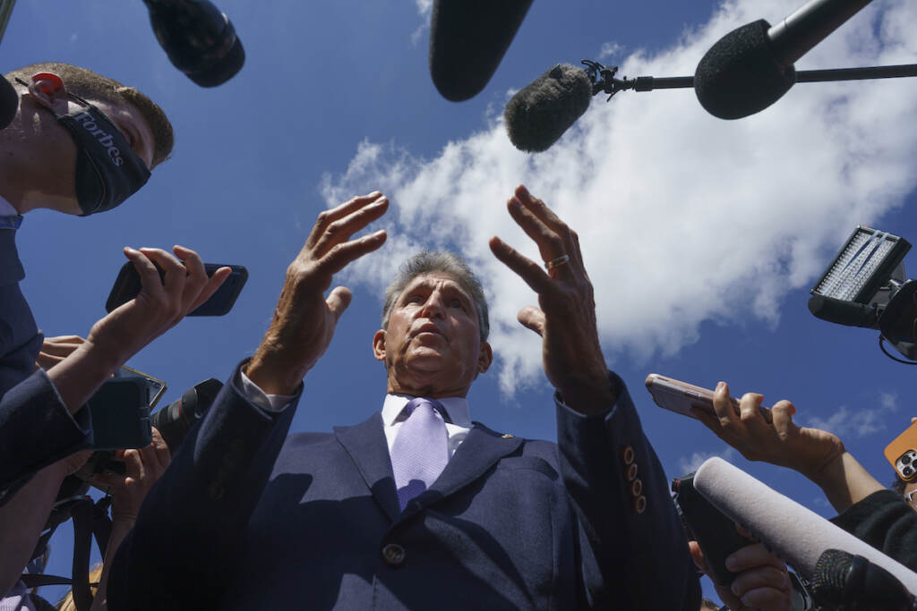 Joe Manchin Sen. Joe Manchin, D-W.Va., a centrist Democrat vital to the fate of President Joe Biden's $3.5 government overhaul, updates reporters about his position on the bill, at the Capitol in Washington, Thursday, Sept. 30, 2021. Despite months of being courted and cajoled, Sen. Joe Manchin is still not a yes on President Joe Biden's big $2 trillion domestic package and has thrown Democrats into turmoil