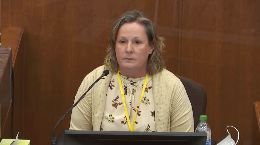 Daunte Wright Officer Trial In this screen grab from video, former Brooklyn Center Police Officer Kim Potter testifies as Hennepin County Judge Regina Chu presides over court Hennepin County Judge Regina Chu Friday, Dec.17, 2021 in Minneapolis, Minn.