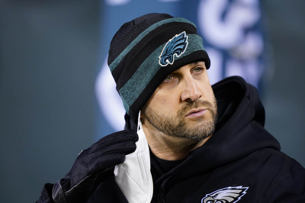 Nick Sirianni Philadelphia Eagles head coach Nick Sirianni before an NFL football game against the Washington Football Team, Tuesday, Dec. 21, 2021, in Philadelphia. (AP Photo/Matt Slocum)