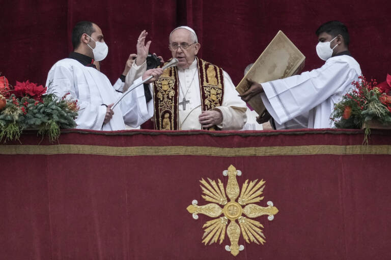 main balcony of St. Peter's Basilica at the Vatican, Saturday, Dec. 25, 2021