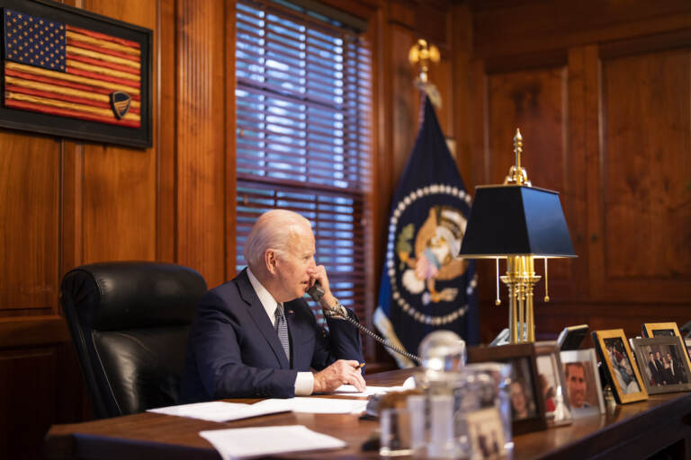 President Joe Biden holds a phone call with Russian President Vladimir Putin, Thursday, December 30, 2021, at his private residence in Wilmington, Delaware