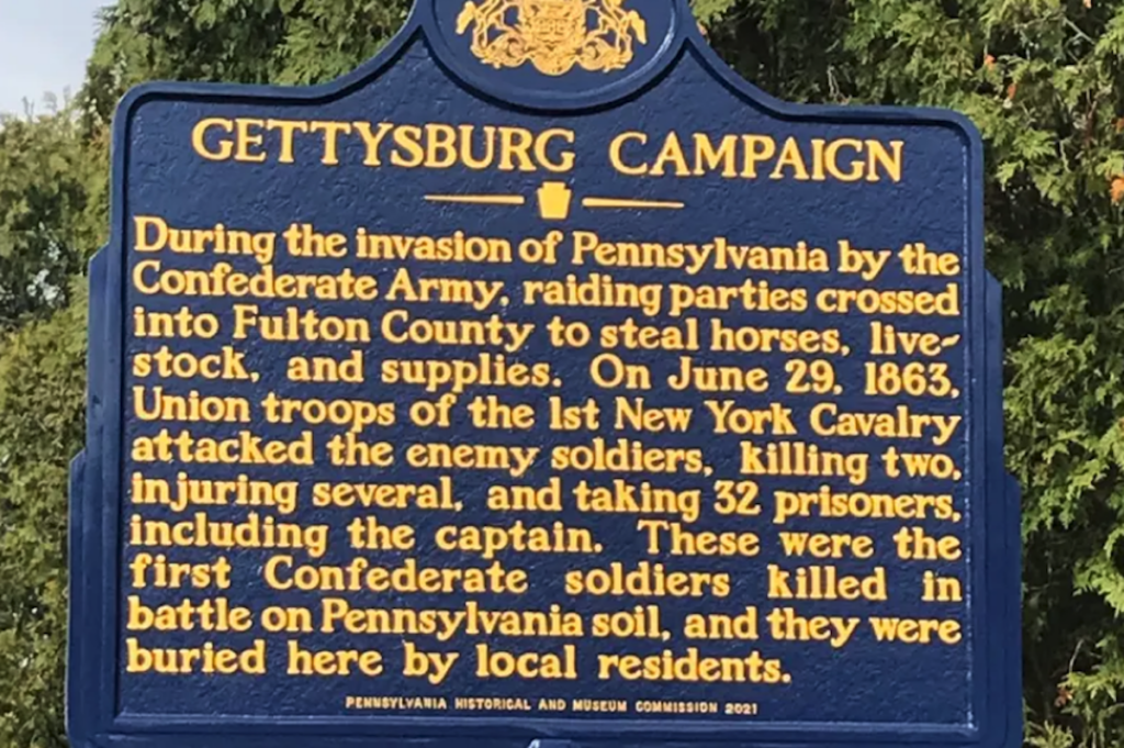 Gettysburg-campaign-historical-marker A state-owned marker in McConnellsburg, Fulton County that was revised during an official review focused on 'outdated cultural references' in Pennsylvania's historical marker system. (Pennsylvania Historical and Museum Commission)
