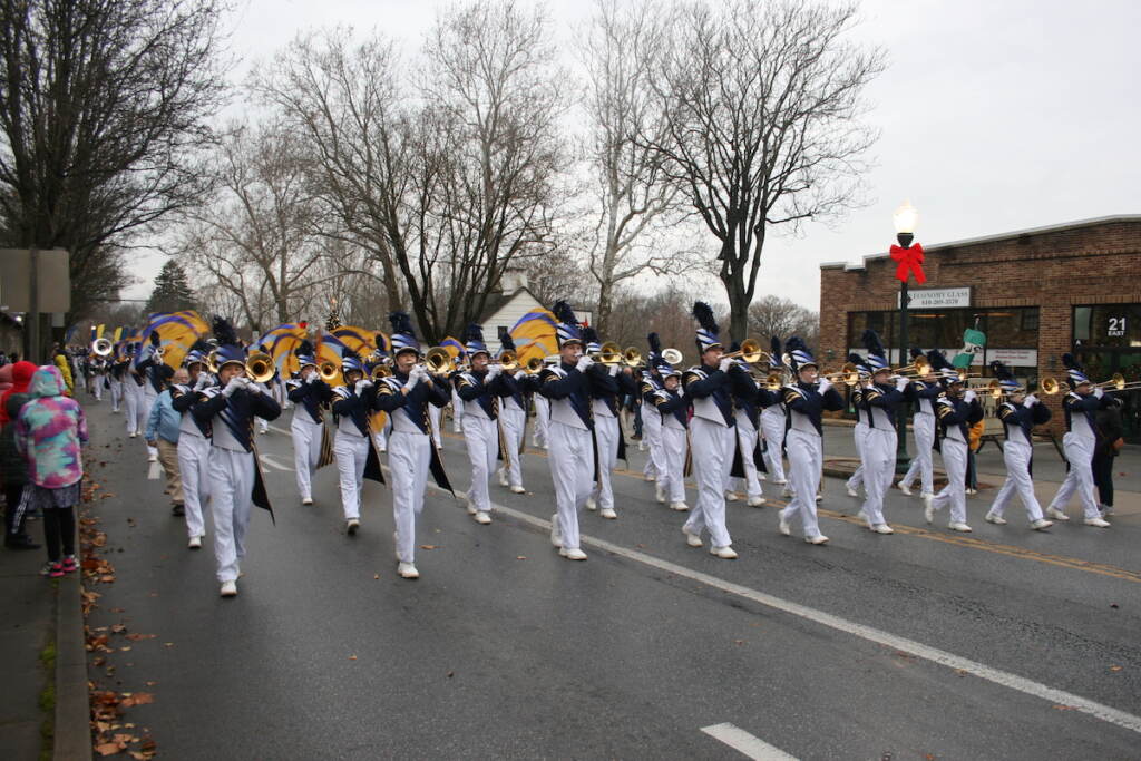 IMG_8662 The Downingtown Blue and Gold Band leads the Good Neighbor Christmas Parade. (Robby Brod/WHYY)