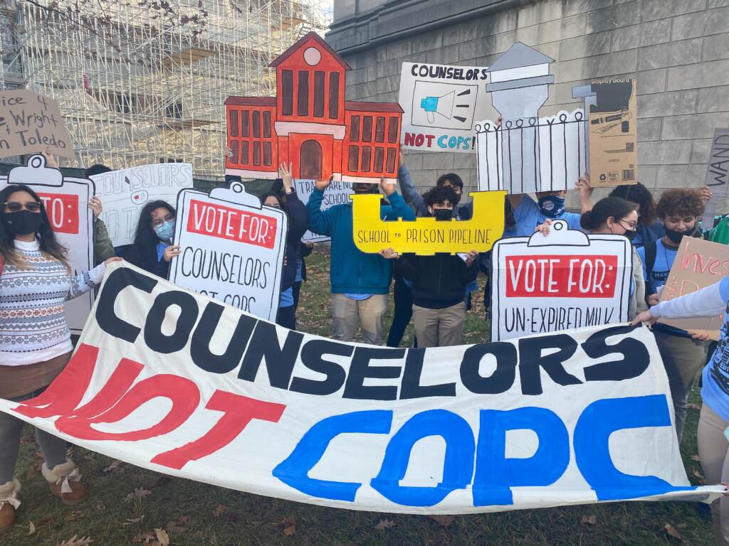 Image from iOS Student activists at a rally in support of a bill that would address policing in schools at the New Jersey Statehouse in Trenton. (Tennyson Donyéa/WHYY)