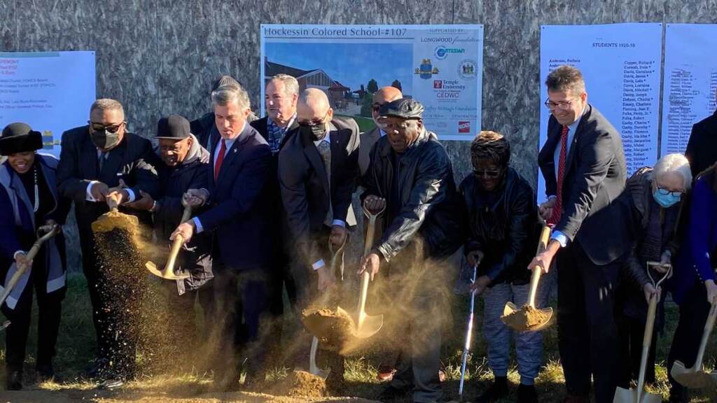 Image from iOS State leaders joined former students to break ground a renovation project at Hockessin School 107C on Tuesday morning. (Mark Eichmann/WHYY)